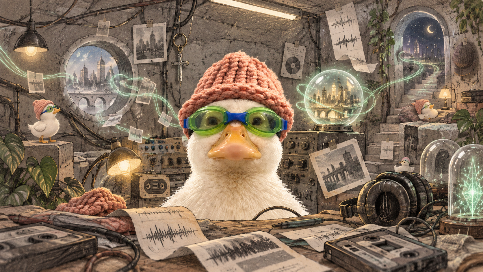 Naswif inside a hand-drawn underground signal room full of headphones, tapes, hats, cables and glowing transmissions